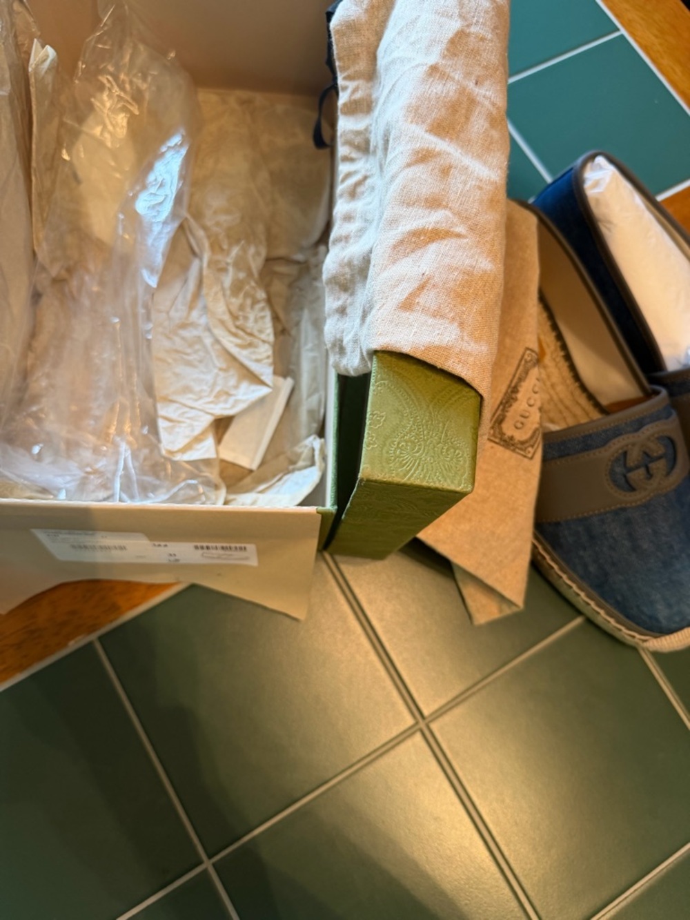 GUCCI Blue Denim Espadrille Slip-Ons with Gray Leather Trim - Picture 11 of 12